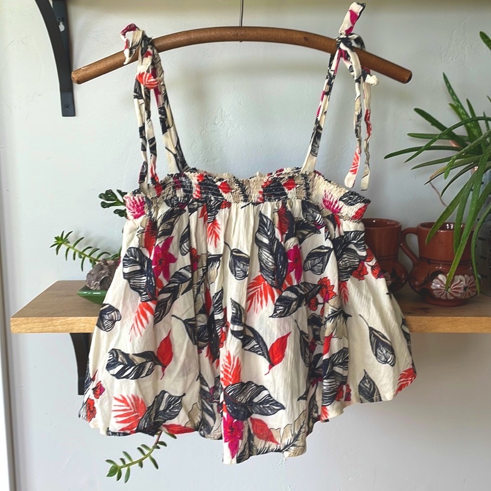 Xhilaration Tropical Floral Navy Orange Pink Cropped Gauze Tie Strap Tank Cami M